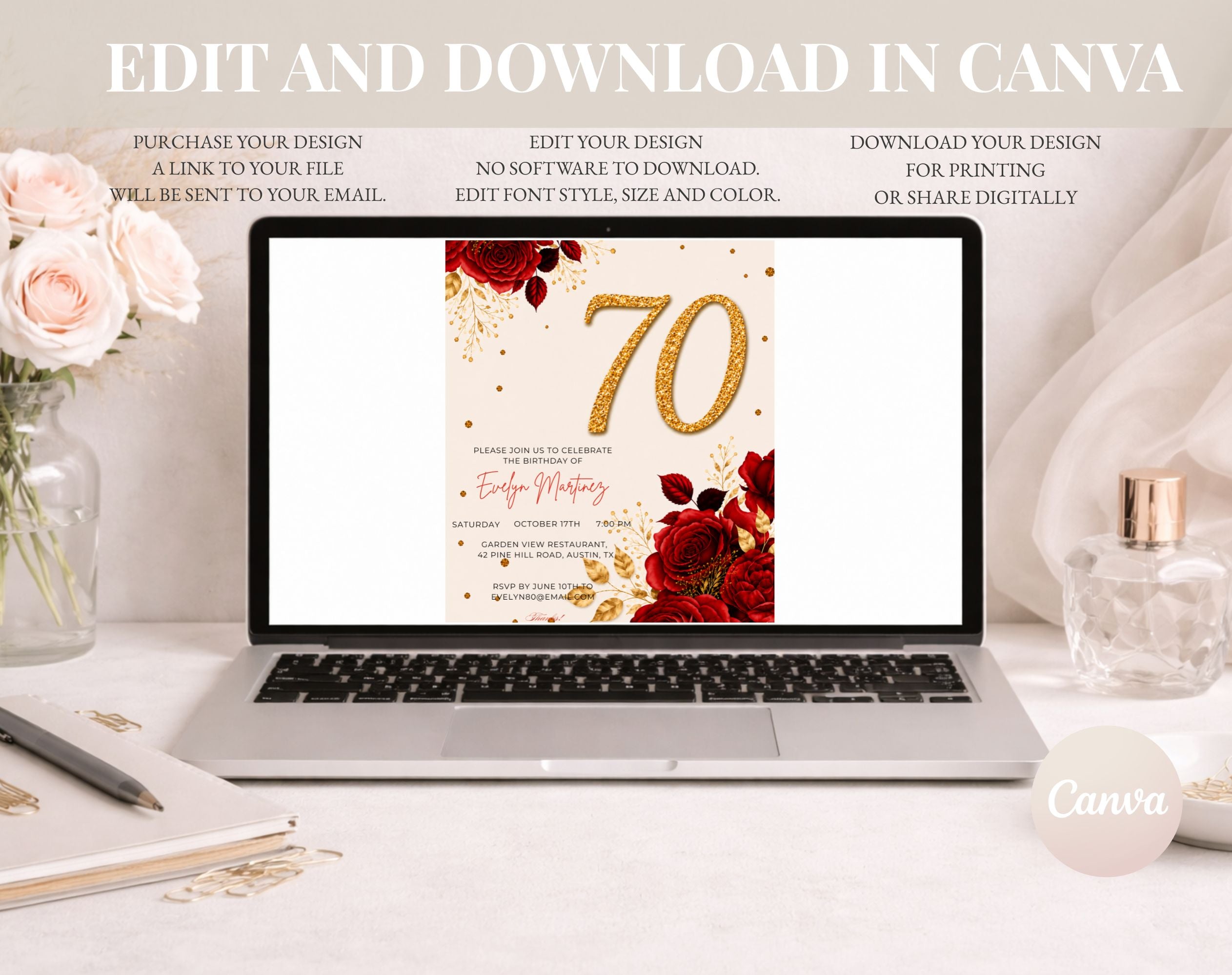 Elegant Red Rose 70th Birthday Invitation
