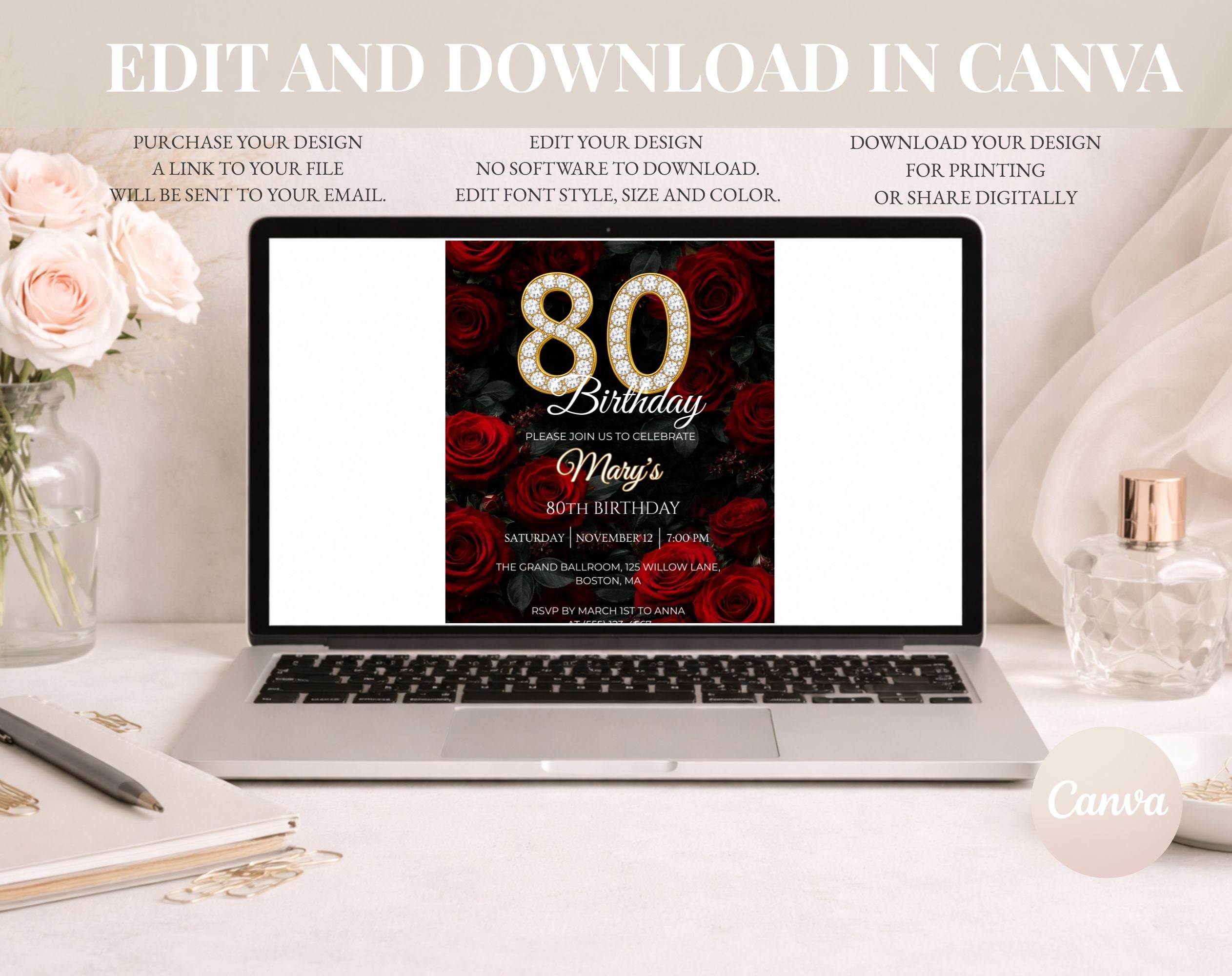 Luxury Red Rose 80th Birthday Invitation
