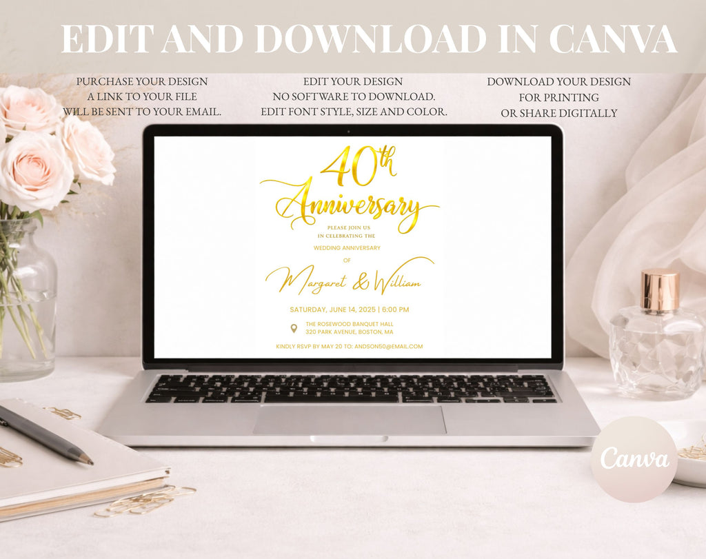 Golden 40th  Wedding Anniversary Invite White Gold
