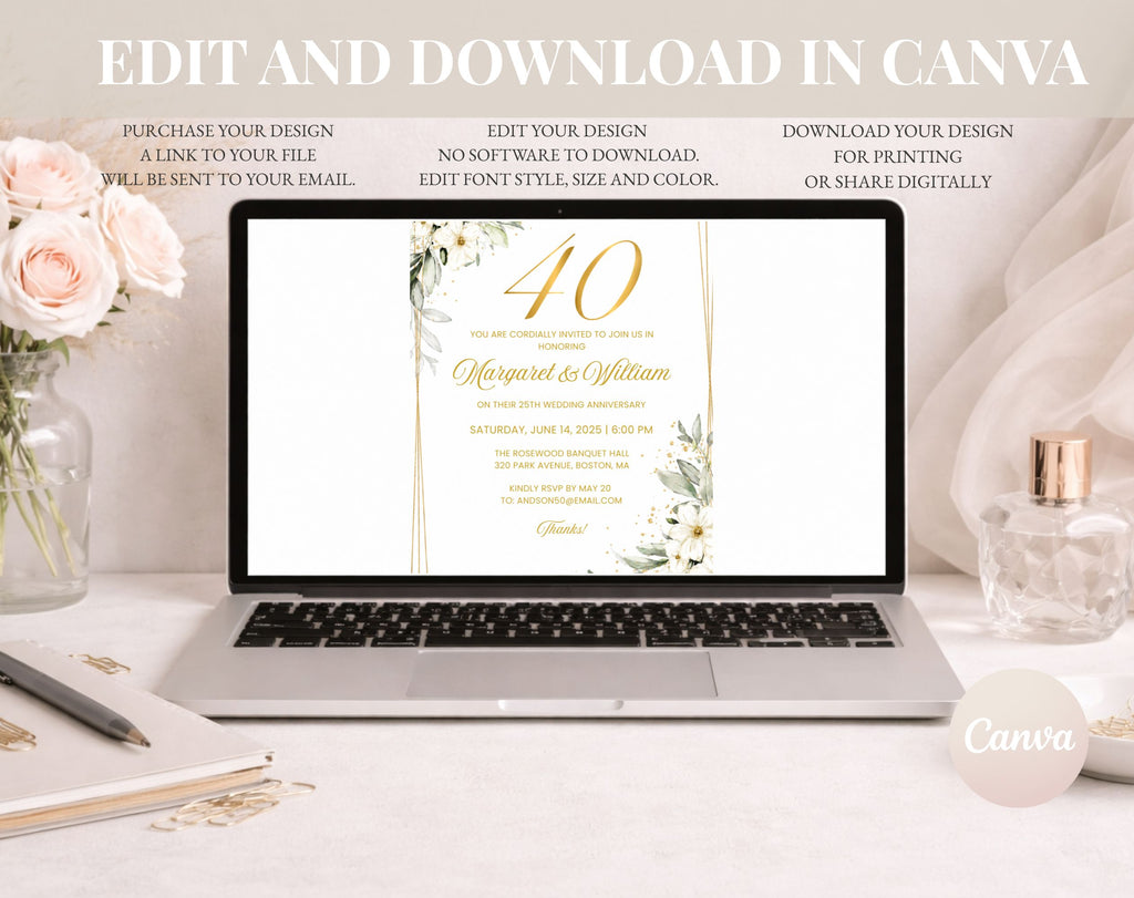 White Gold Floral 40th Wedding Anniversary Invitation
