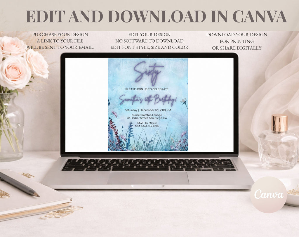 Blue Floral Elegant 60th Birthday Invitation