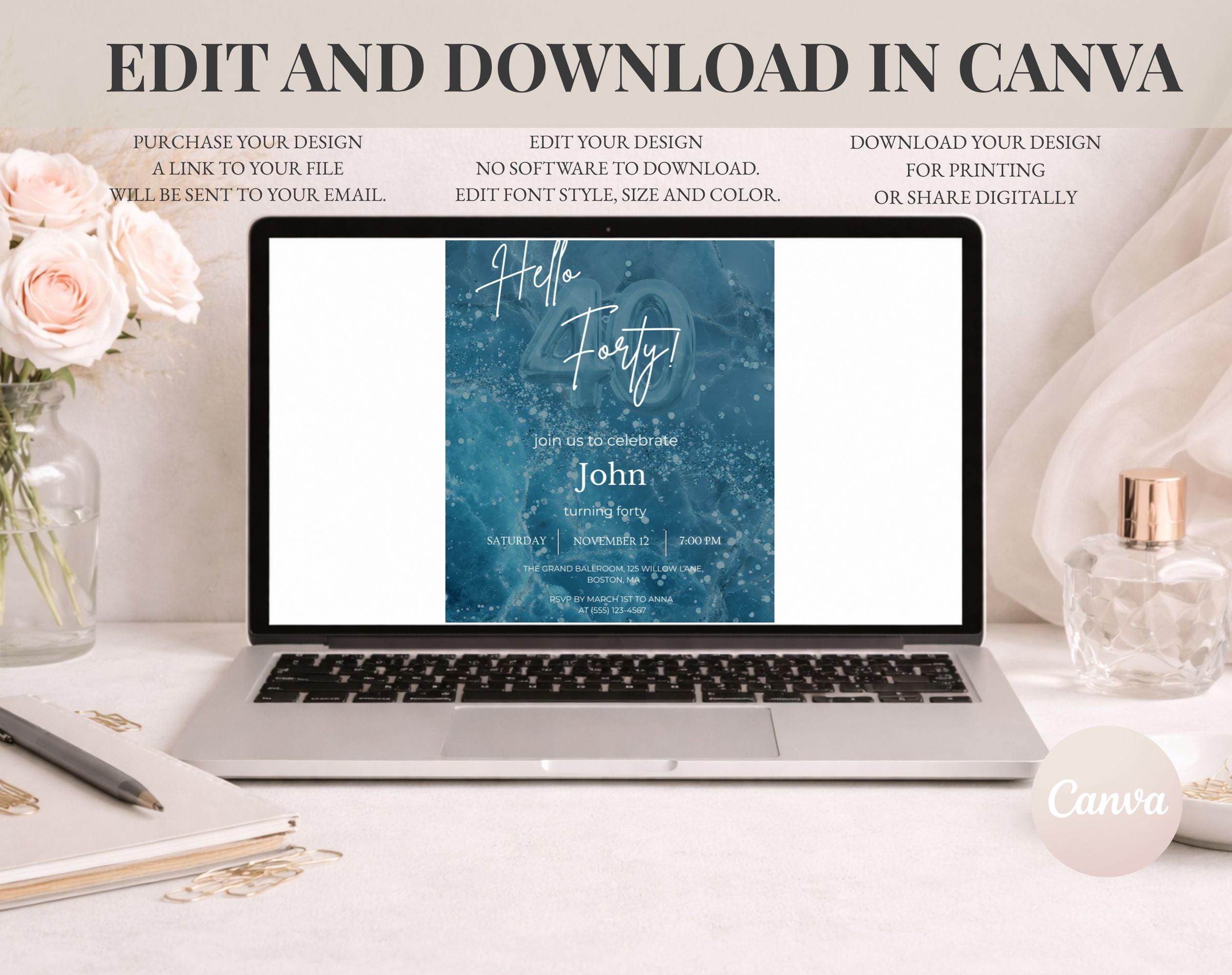 Modern Blue 40th Birthday Invitation
