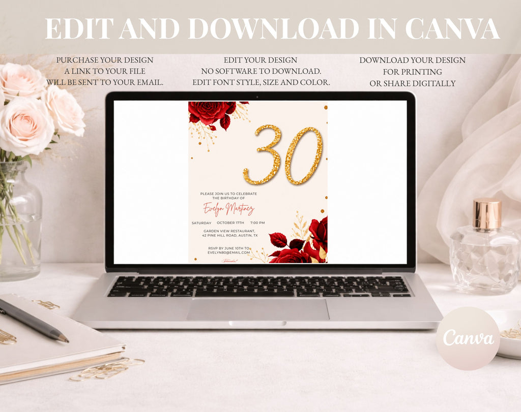 Red Rose Gold 30th Birthday Invitation