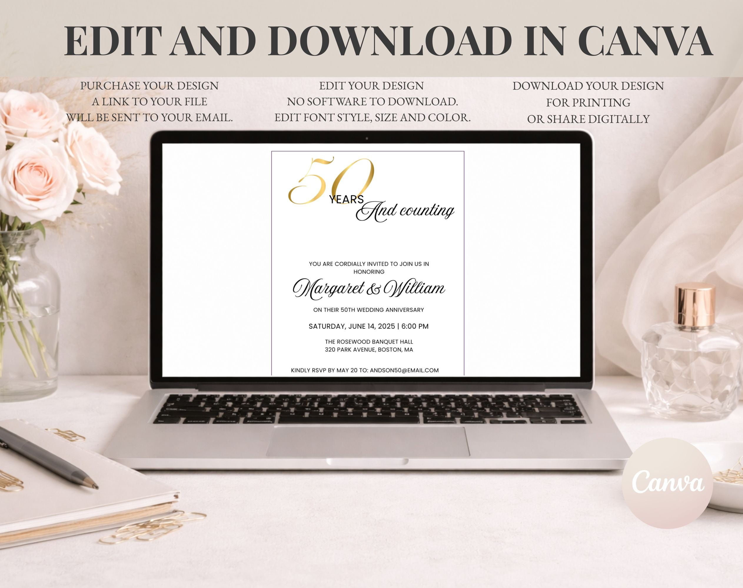Elegant White Gold 50th Anniversary Invitation