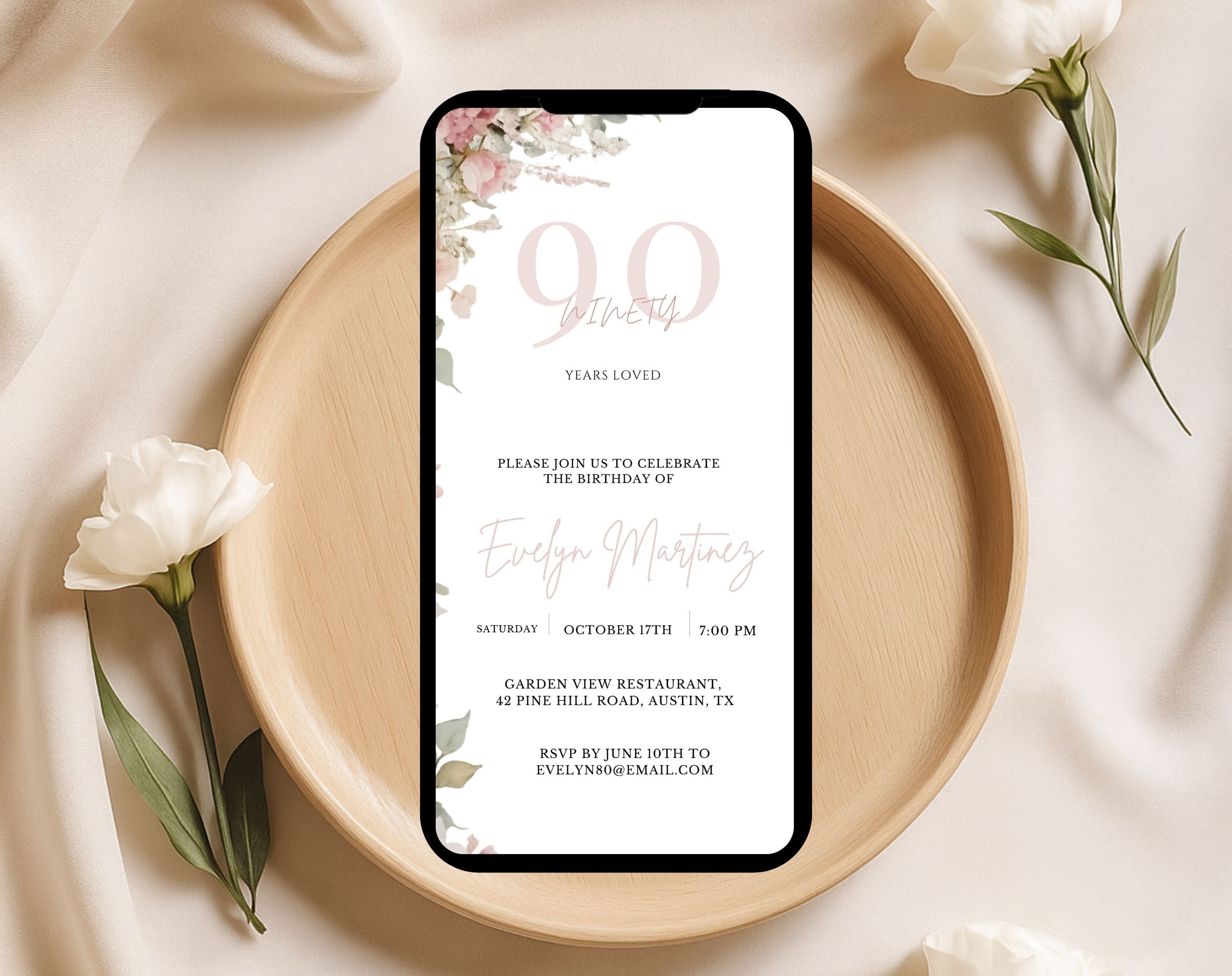 Blush Pink and Green Floral  90th Birthday Invitation