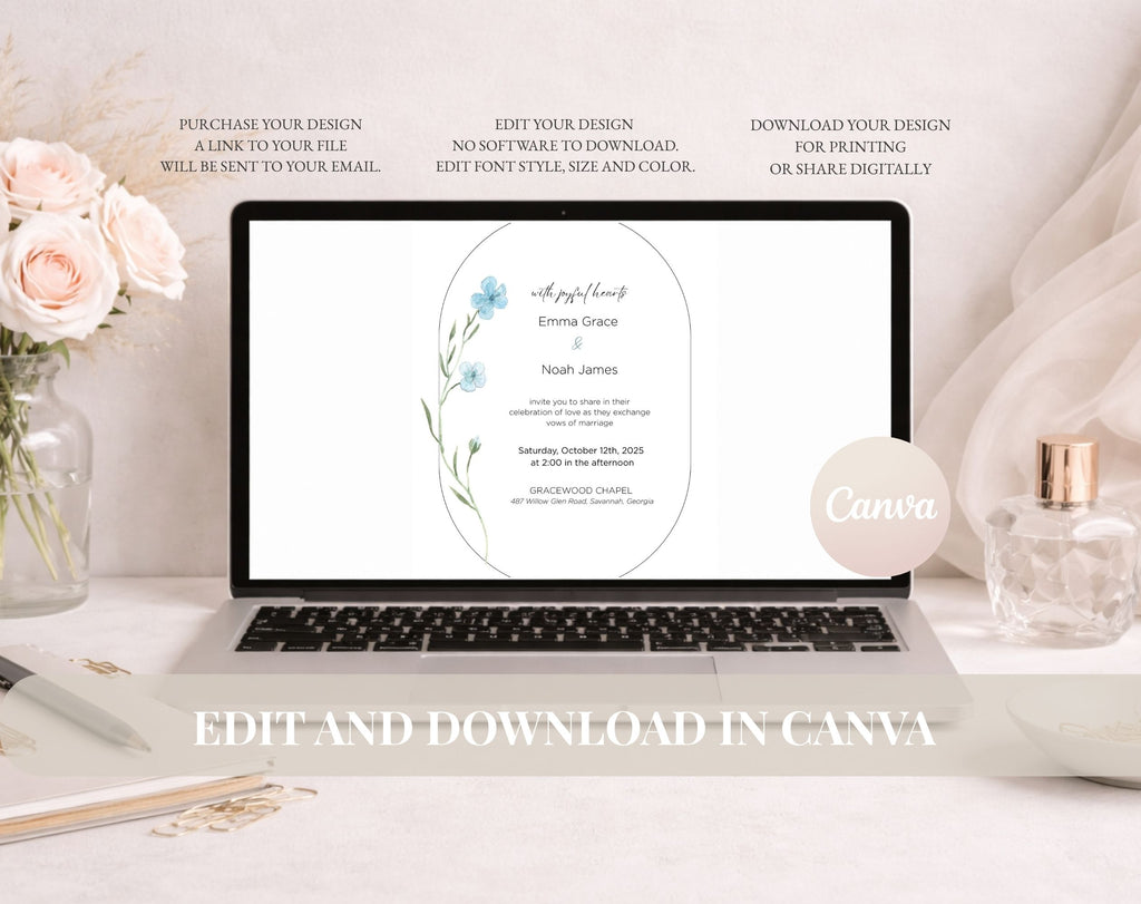 Blue Wildflower Wedding Invitation Template | Editable Minimalist Floral Wedding Invite