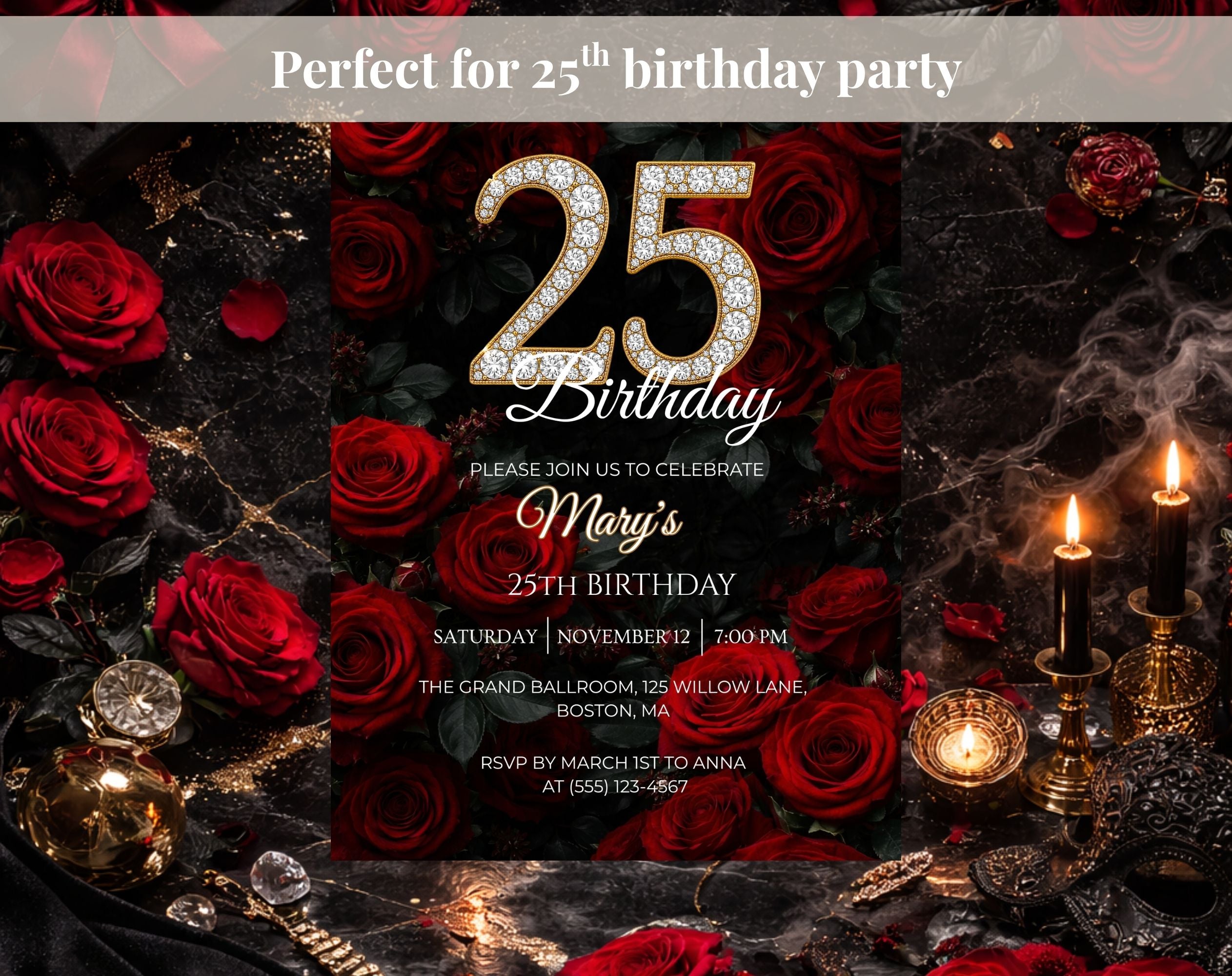 Elegant Red Rose 25th birthday invitation