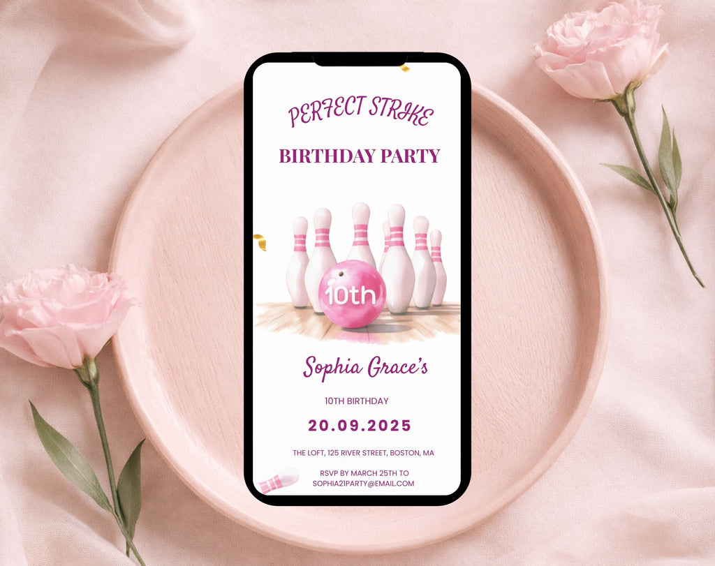 Girls Pink Bowling 10th Birthday Invitation