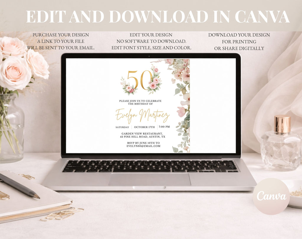 Elegant Floral 50th Birthday Invitation