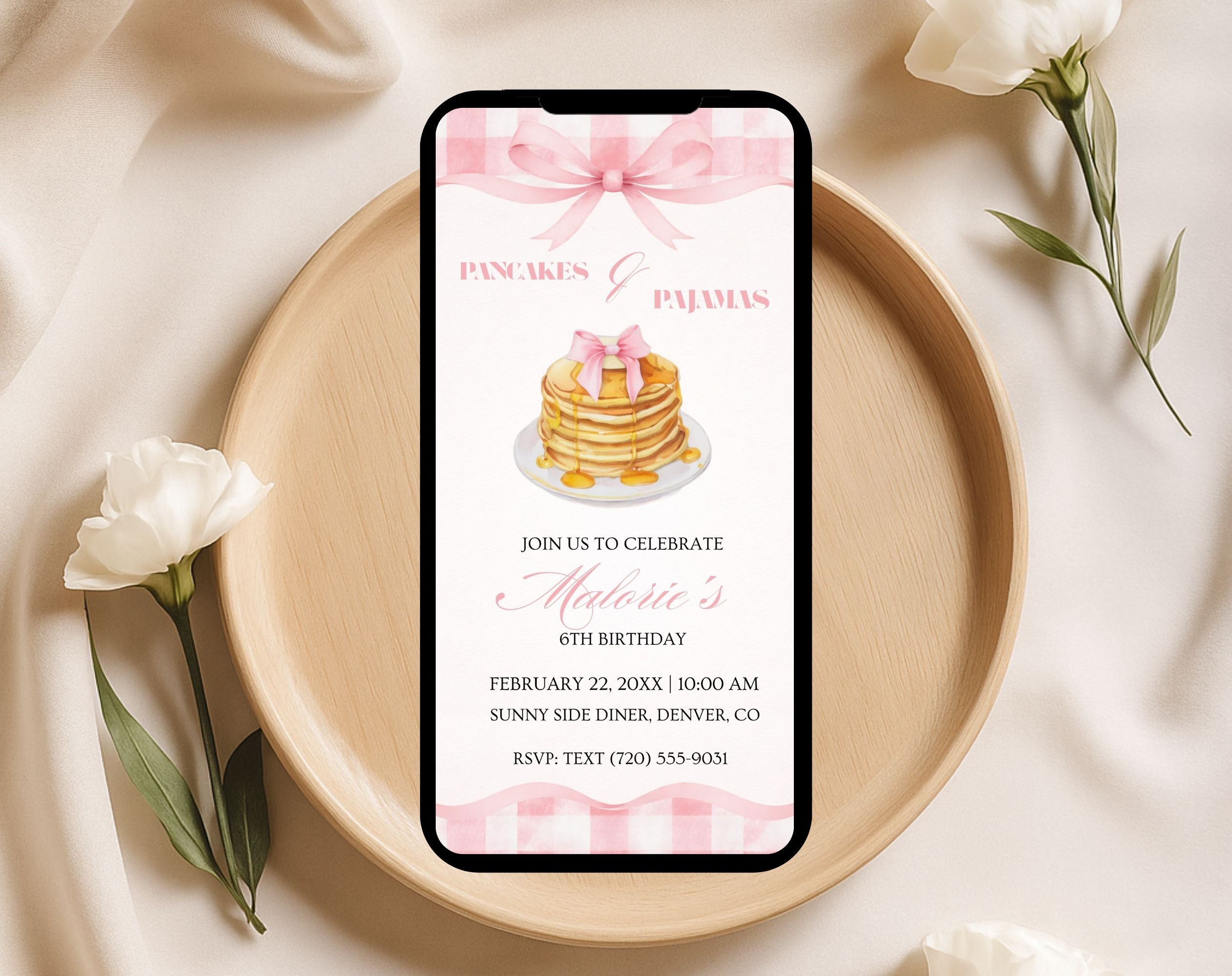 Pink Pancakes and Pajamas 6th Birthday Invitation