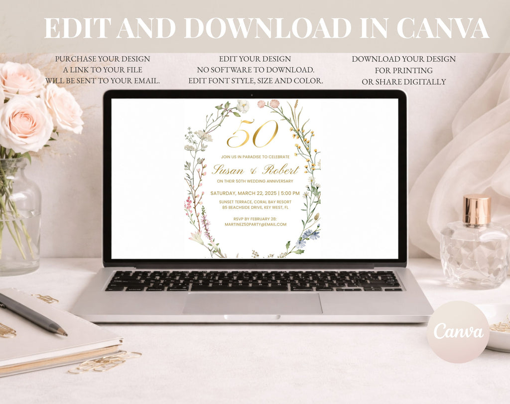 White Floral 50th Anniversary Invitation