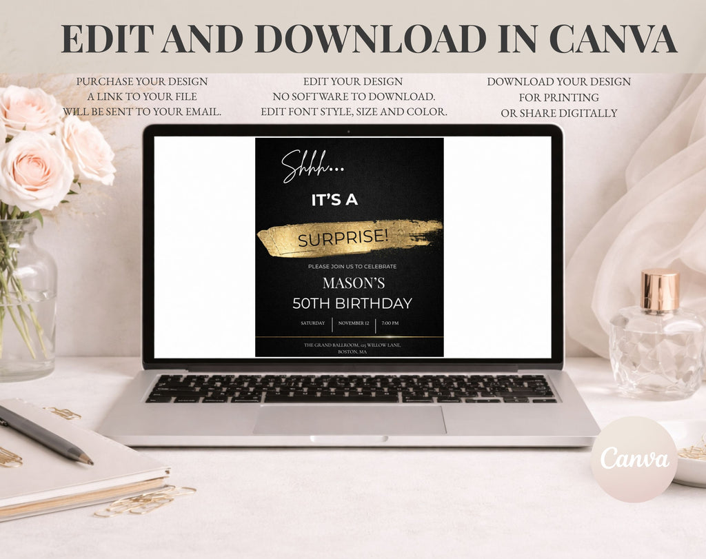 50th gold black Birthday Party Invitation