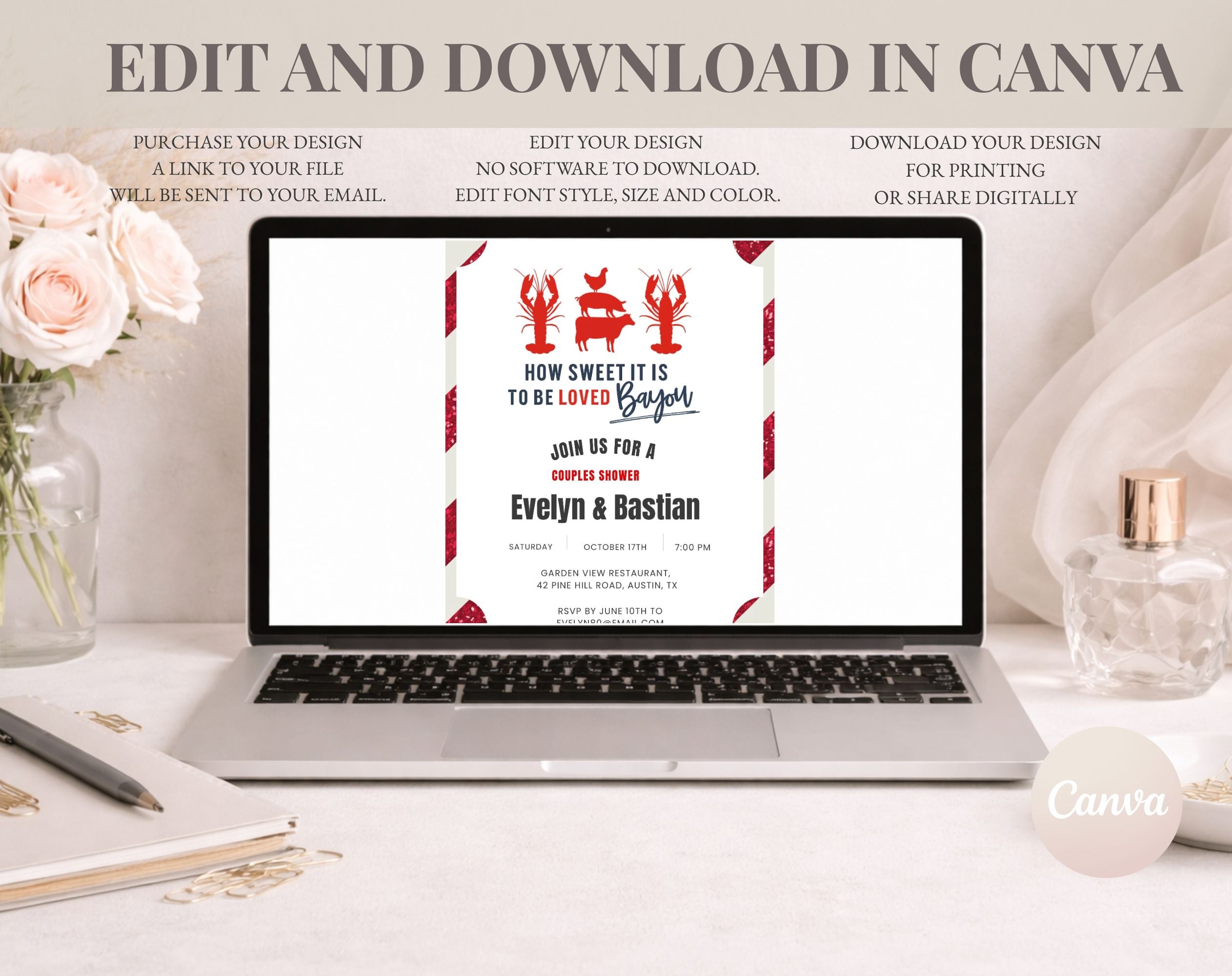 Red and White Bayou Couples Shower Invitation