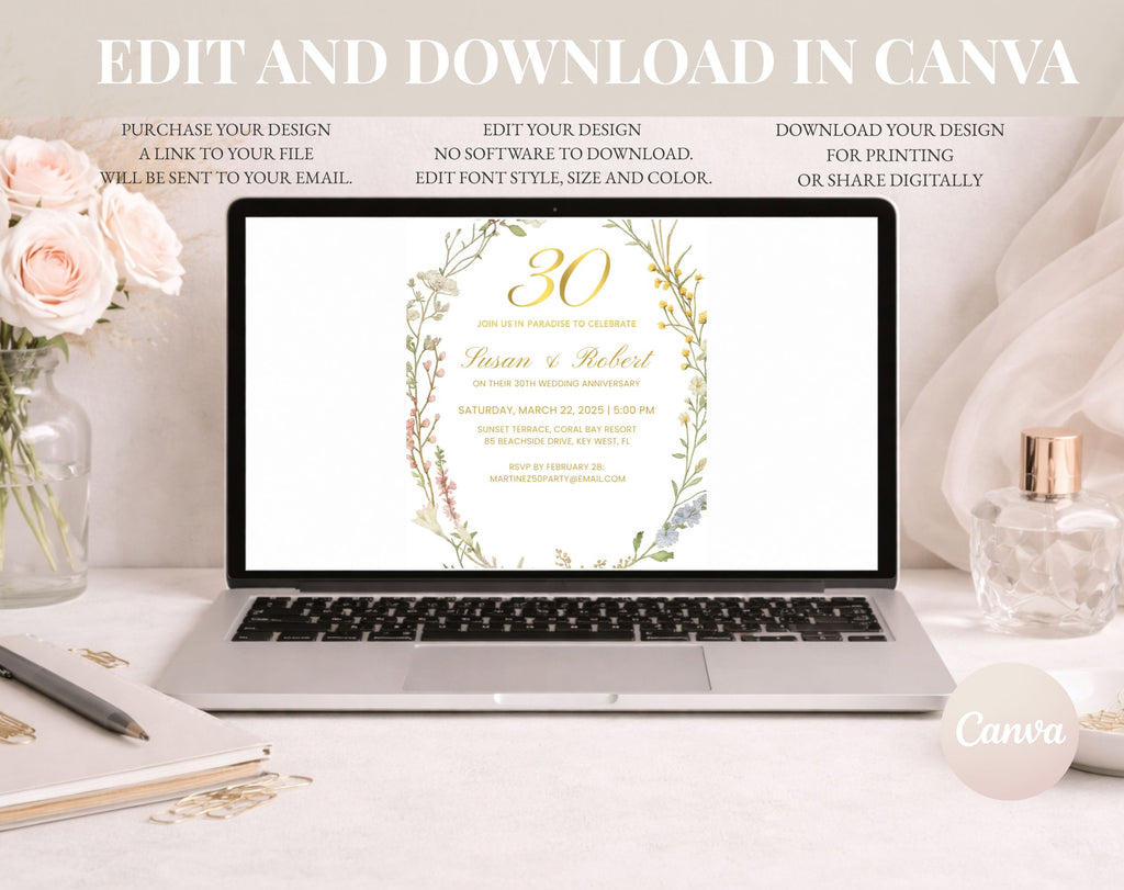 Elegant Floral 30th Wedding Anniversary Invitation