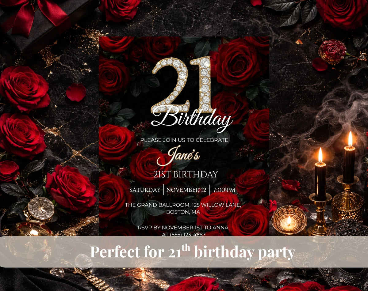 Red Rose 21st Birthday Invitation – Black and Gold Floral
