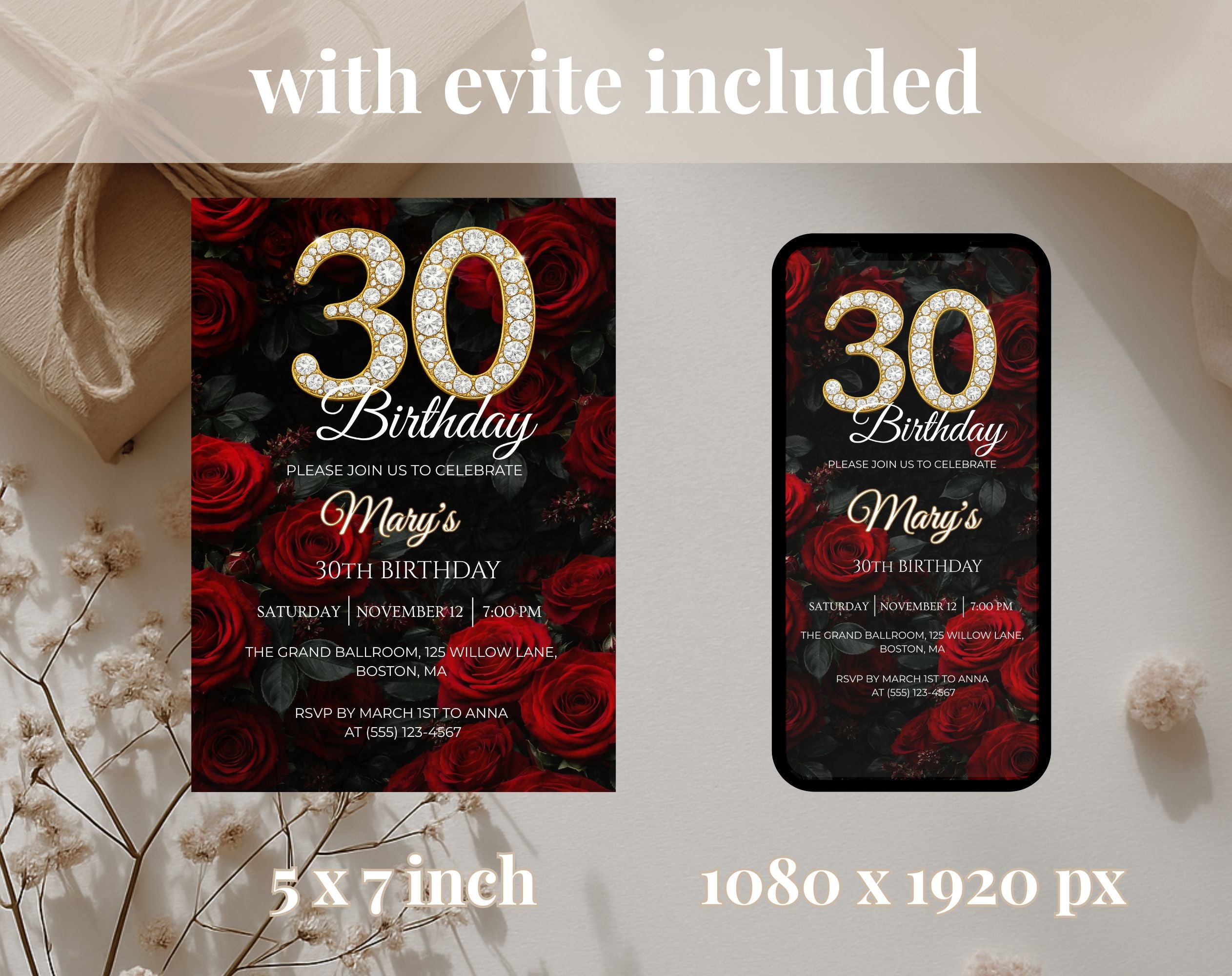 Red Rose 30th Birthday Invitation
