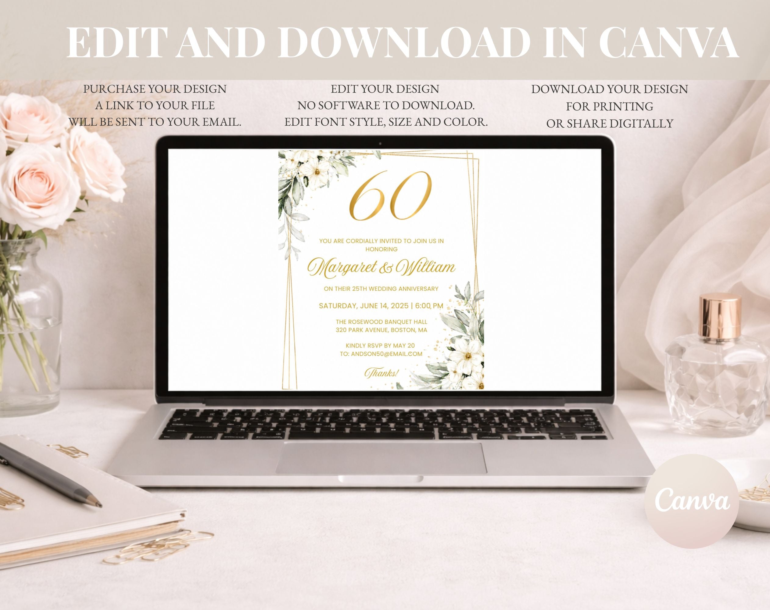 White Gold Floral 60th Wedding Anniversary Invitation