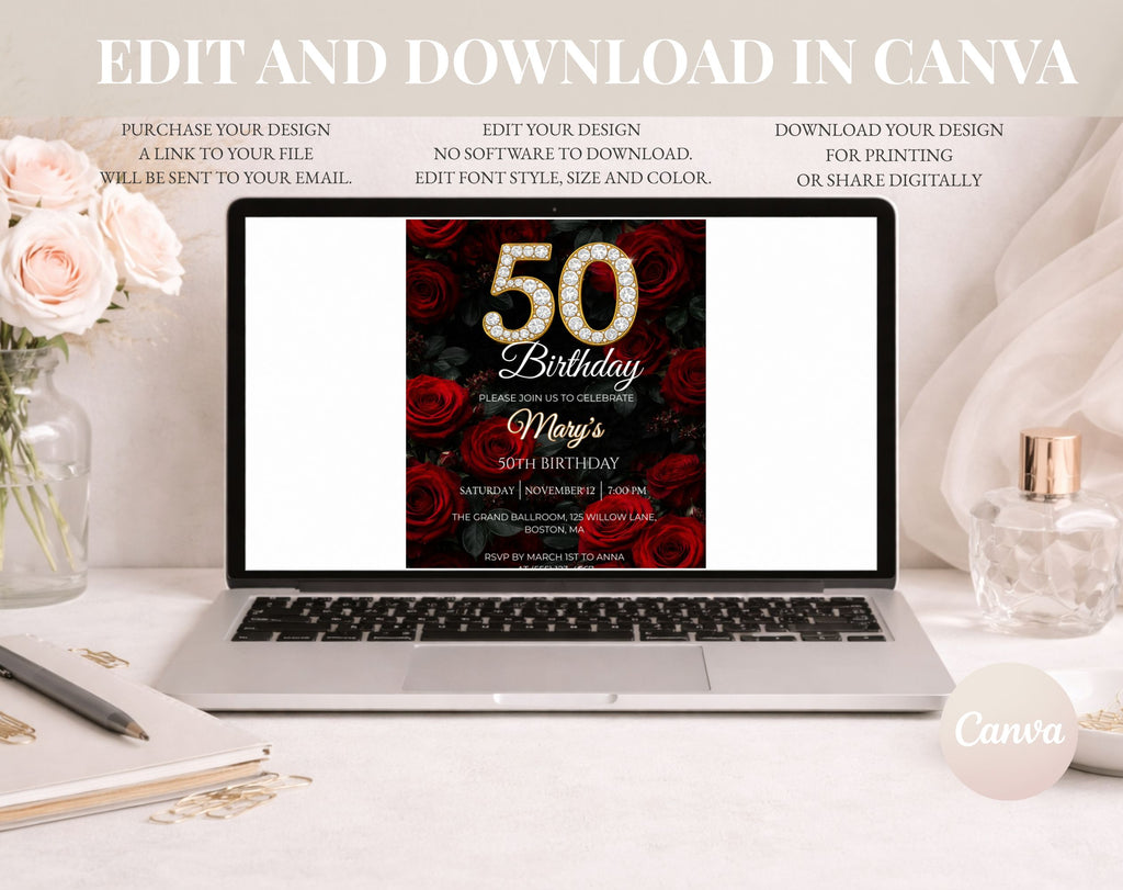 Luxury Red Rose 50th Birthday Invitation