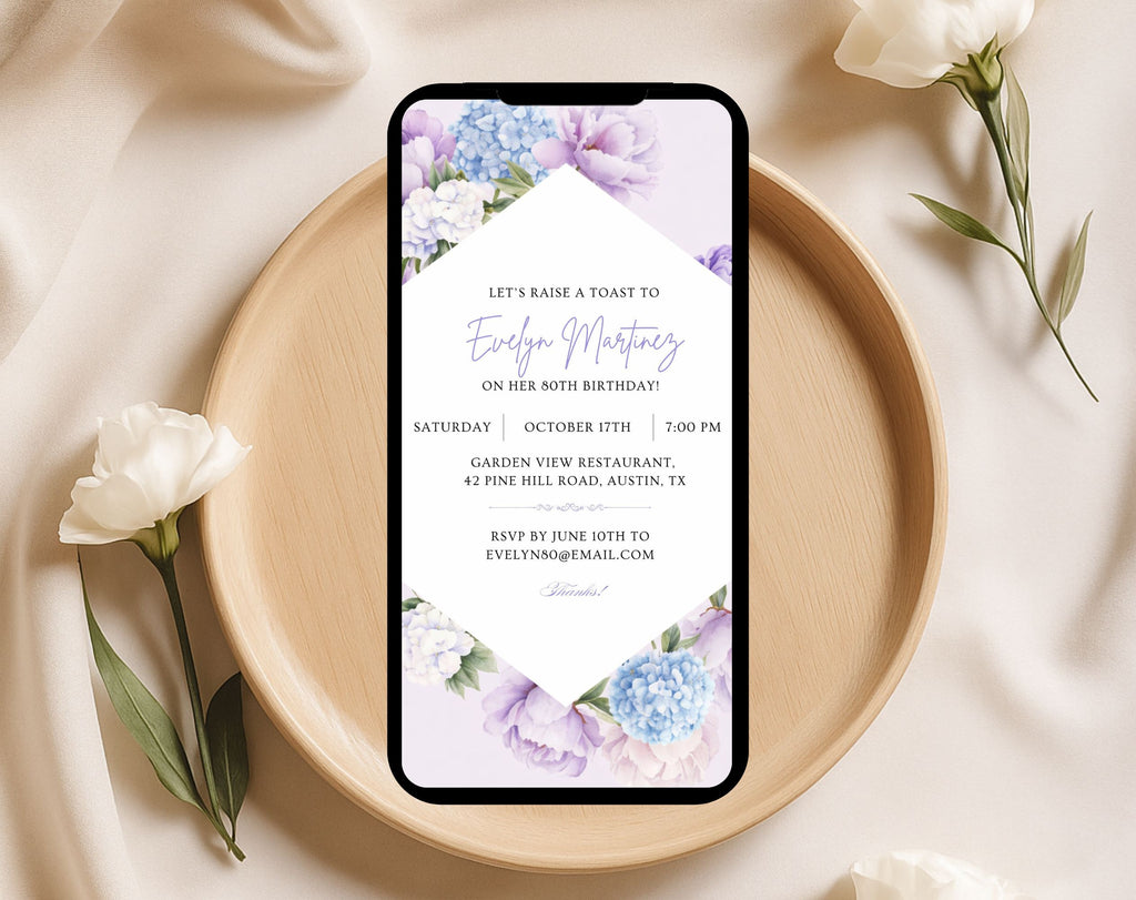 Elegant Purple Floral 80th Birthday Invitation