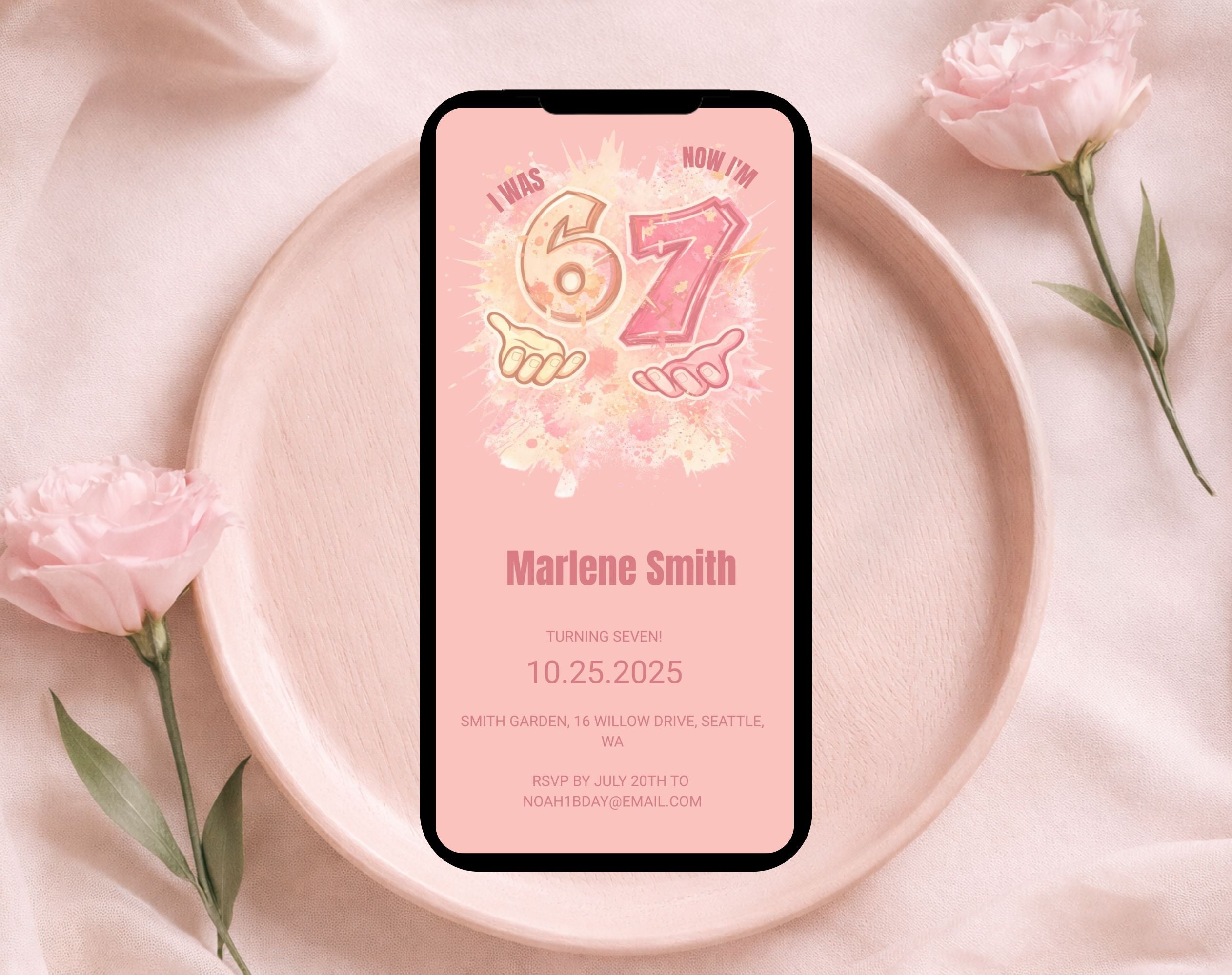 six seven Pink Kids 7th Birthday Invitation