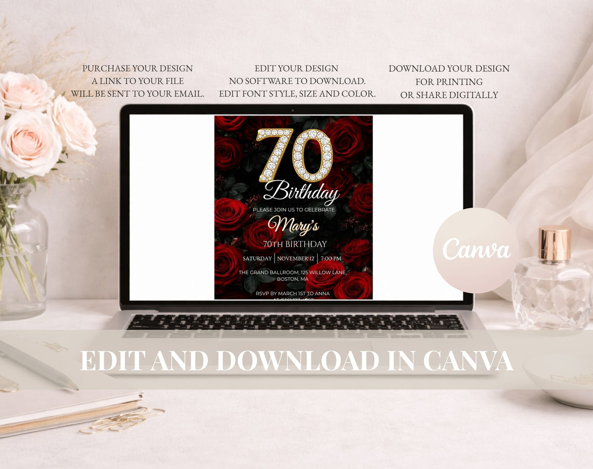 Luxury Red Rose 70th Birthday Invitation