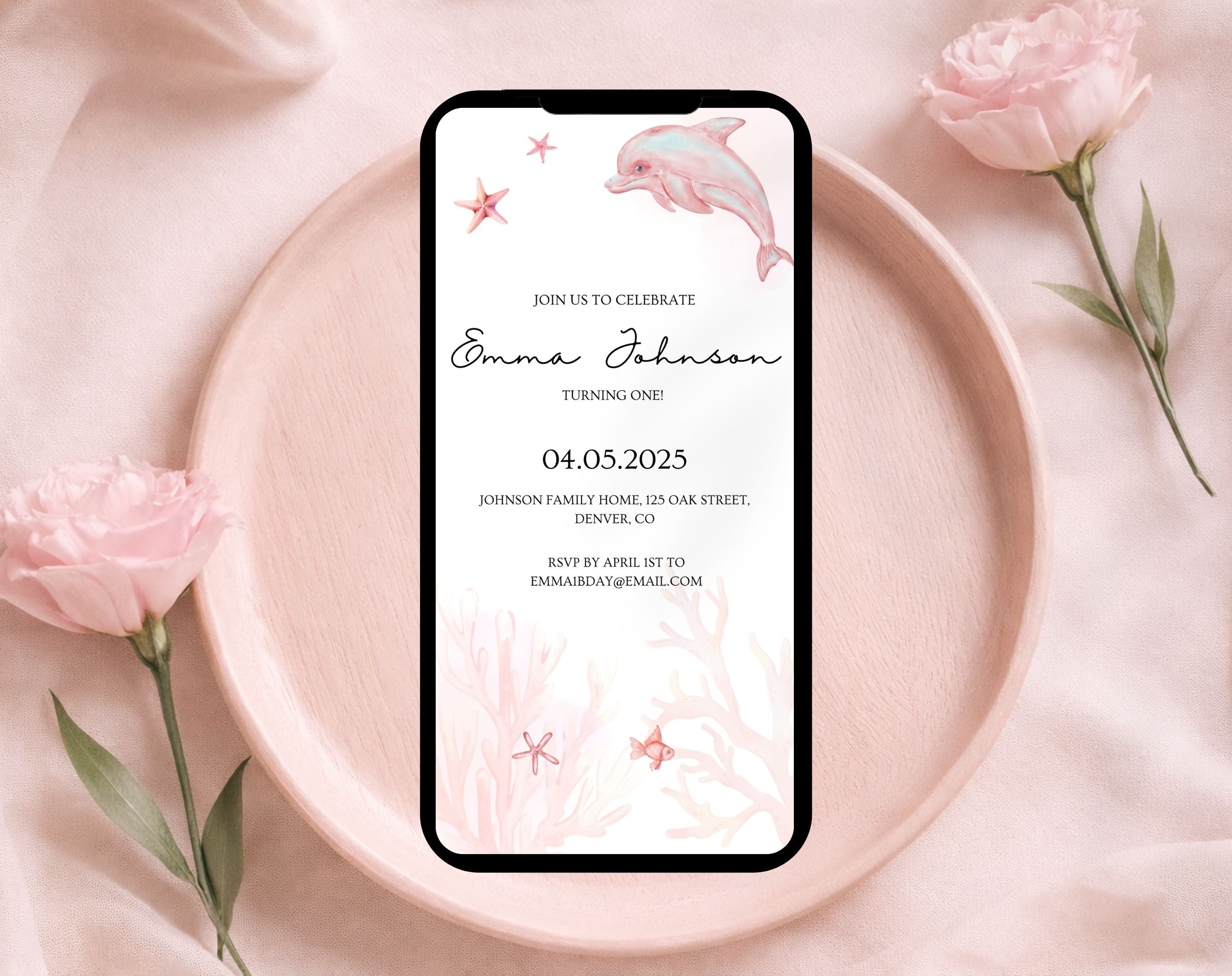 Pink Ocean first Birthday Invitation