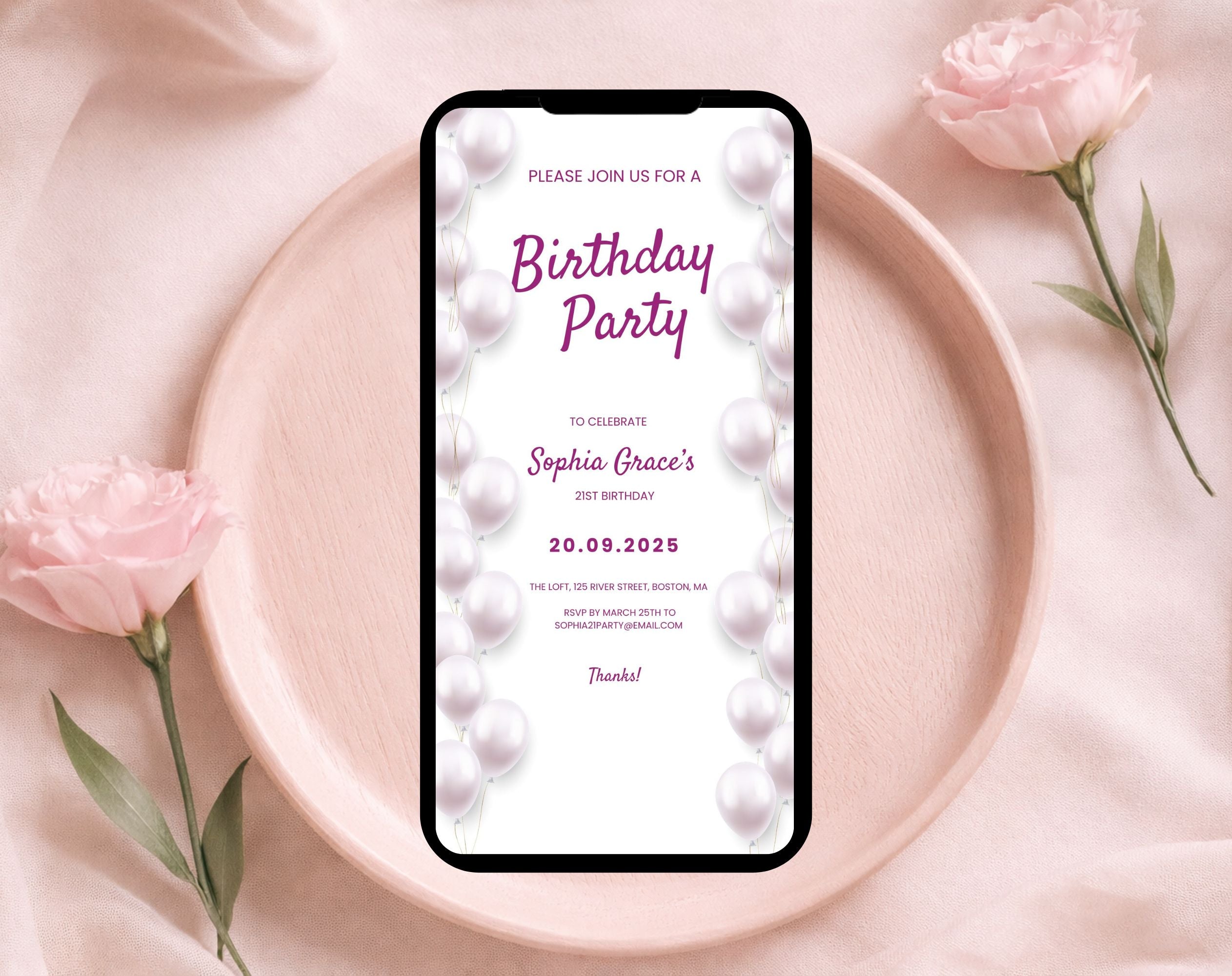 Elegant 2 Pink and White 21st Birthday Invitation