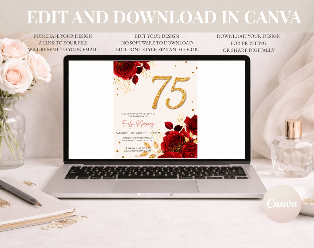 Elegant Red Rose 75th Birthday Invitation