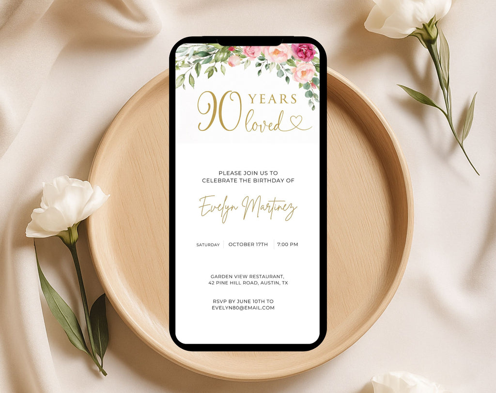Gold Floral 90th Birthday Invitation