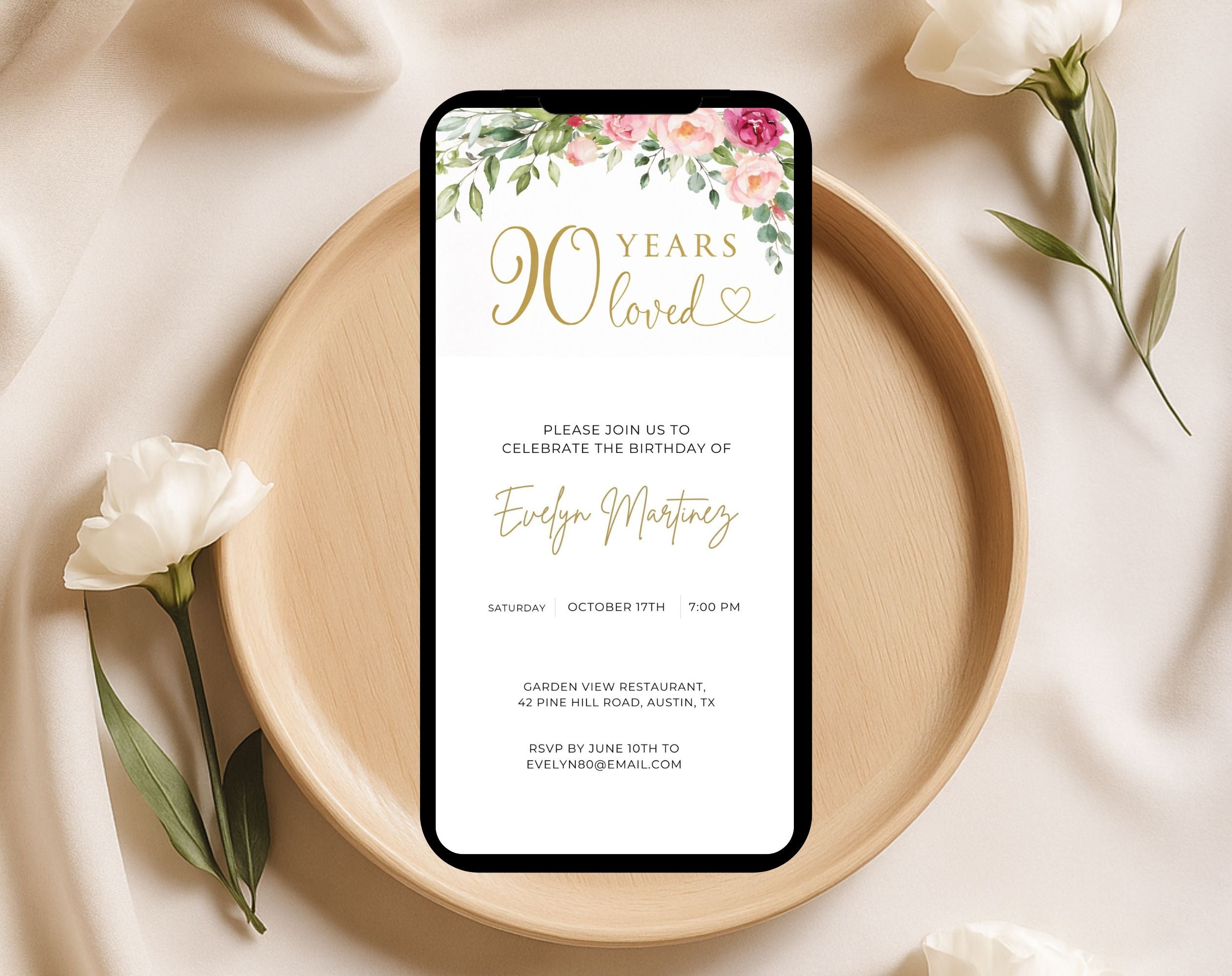 Gold Floral 90th Birthday Invitation