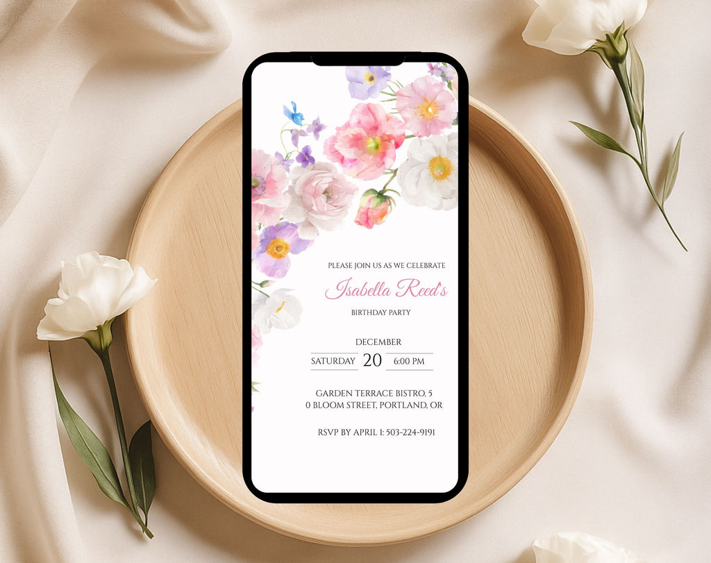 Elegant Pink Flower Floral Birthday Invitation