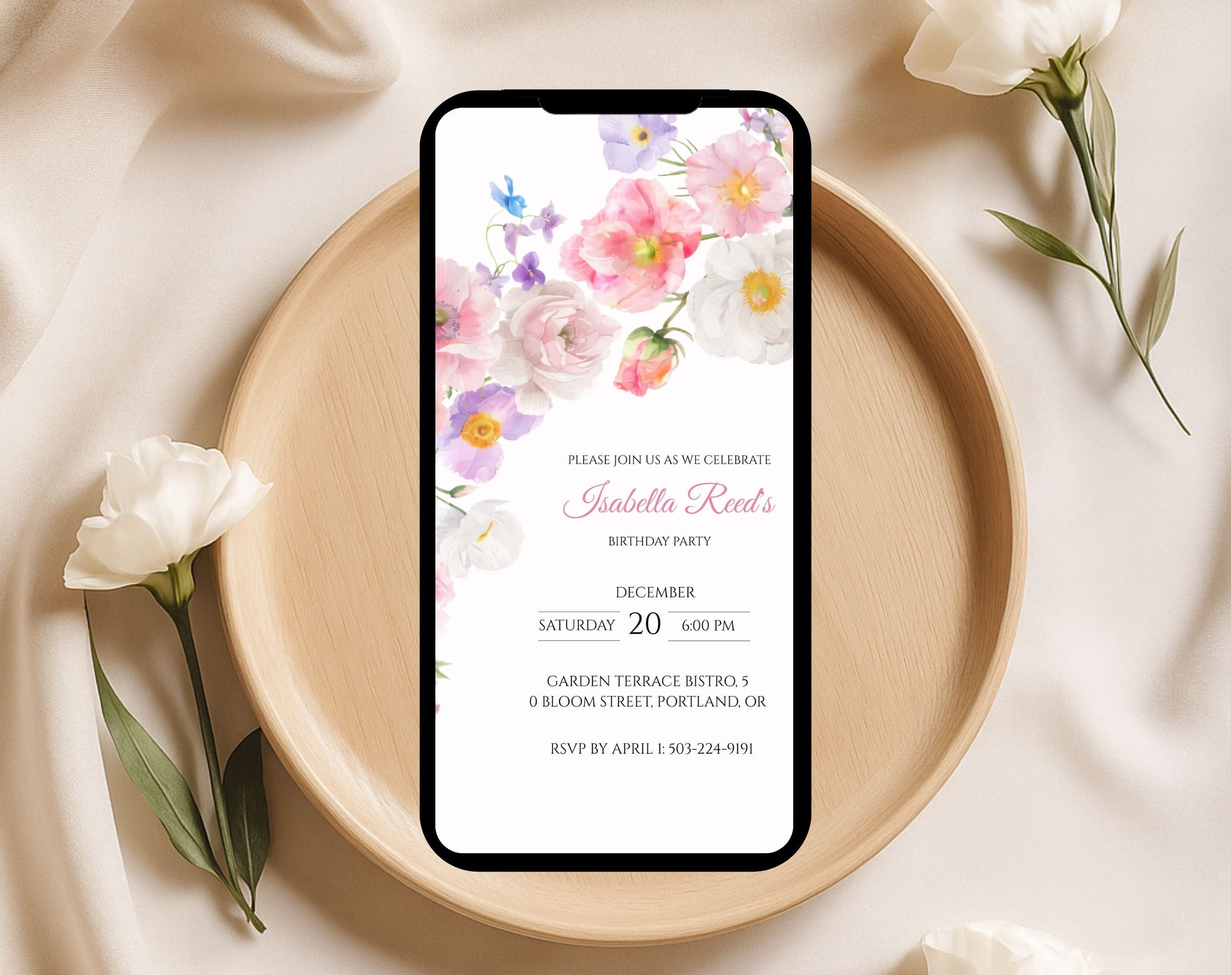 Elegant Pink Flower Floral Birthday Invitation