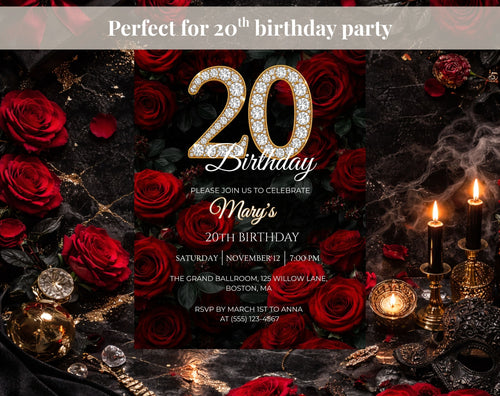 20th Red rose floral Birthday Invitation