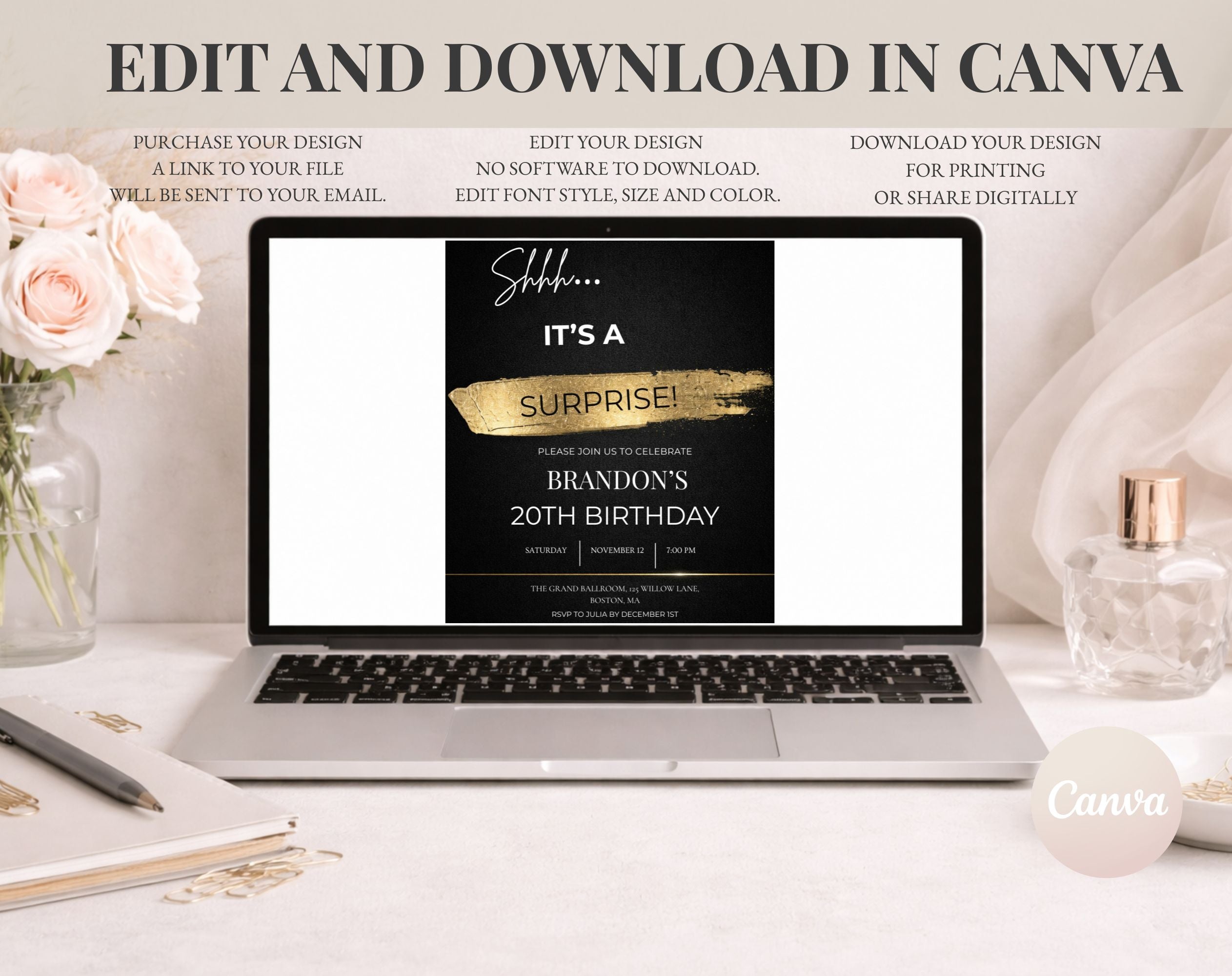 20th gold black Birthday Party Invitation