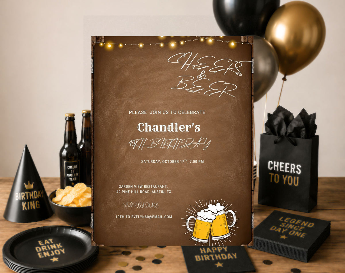 ditable Cheers and Beers 40th birthday invitation for men with rustic brown background, string lights and beer mugs