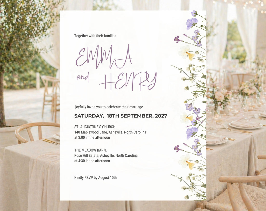 Editable wildflower wedding invitation template with purple blue and yellow watercolor flowers for a romantic garden wedding