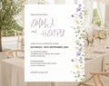 Editable wildflower wedding invitation template with purple blue and yellow watercolor flowers for a romantic garden wedding