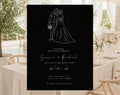 Elegant black wedding invitation template with white bride and groom line art, minimalist typography and modern black and white wedding design.