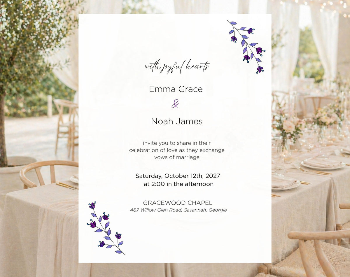 Elegant purple floral wedding invitation template with botanical flowers, minimalist typography and romantic garden wedding design