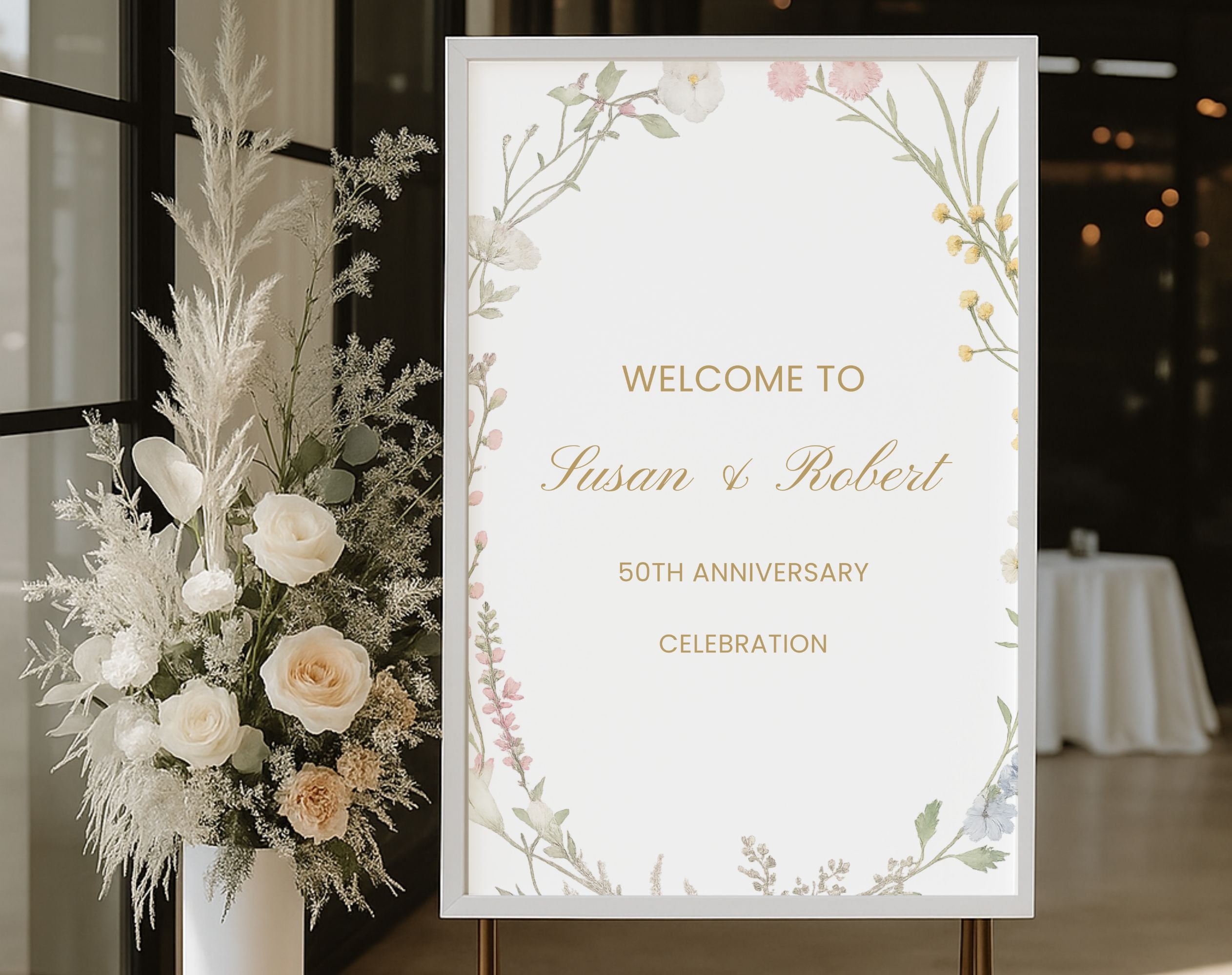 White Floral 50th Anniversary Welcome Sign