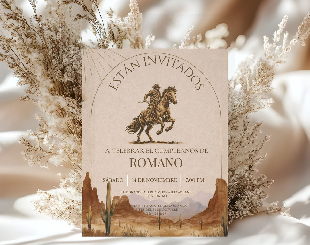 Rustic western cowboy birthday invitation in warm earthy tones, editable Canva template