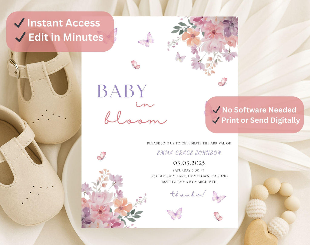 Pink Spring Flowers Baby Shower Invitation