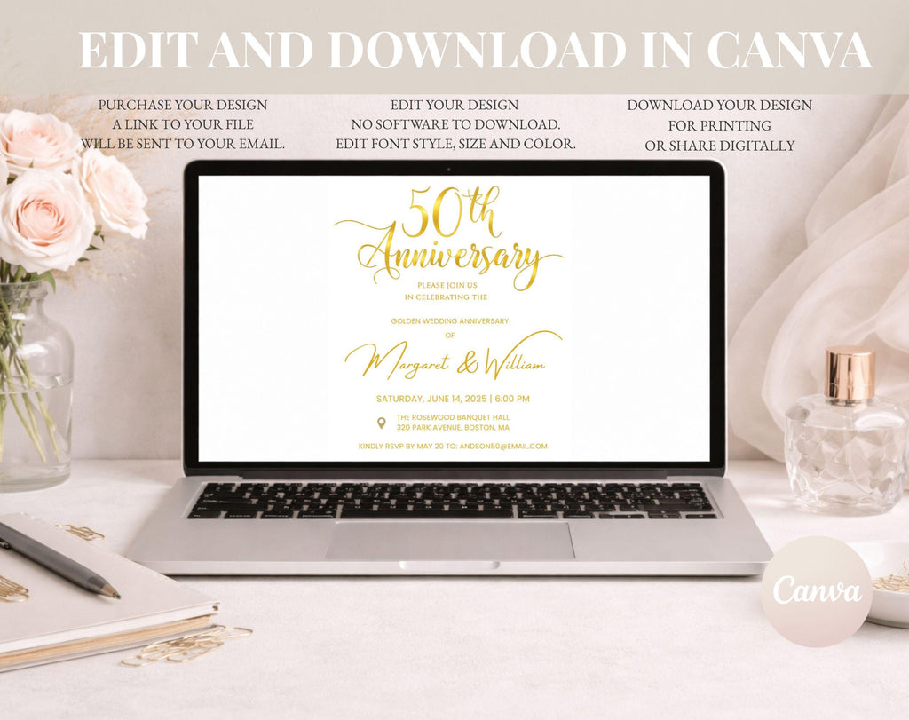 Golden 50th  Wedding Anniversary Invite White Gold