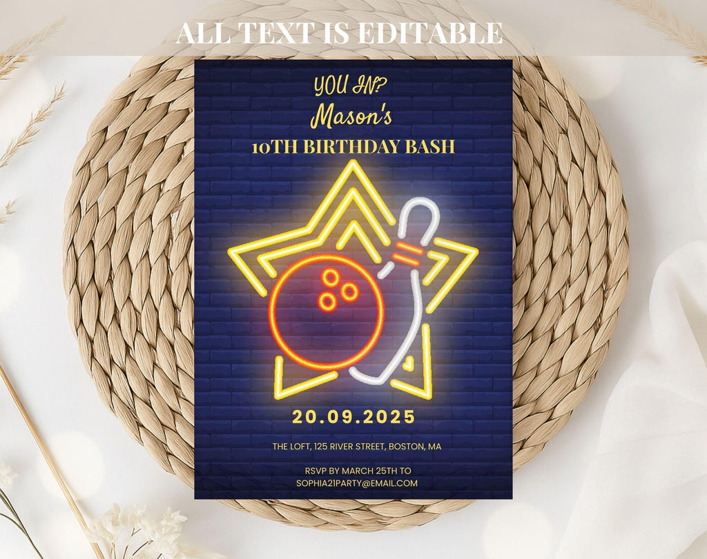 Blue Neon Bowling Birthday Invitation