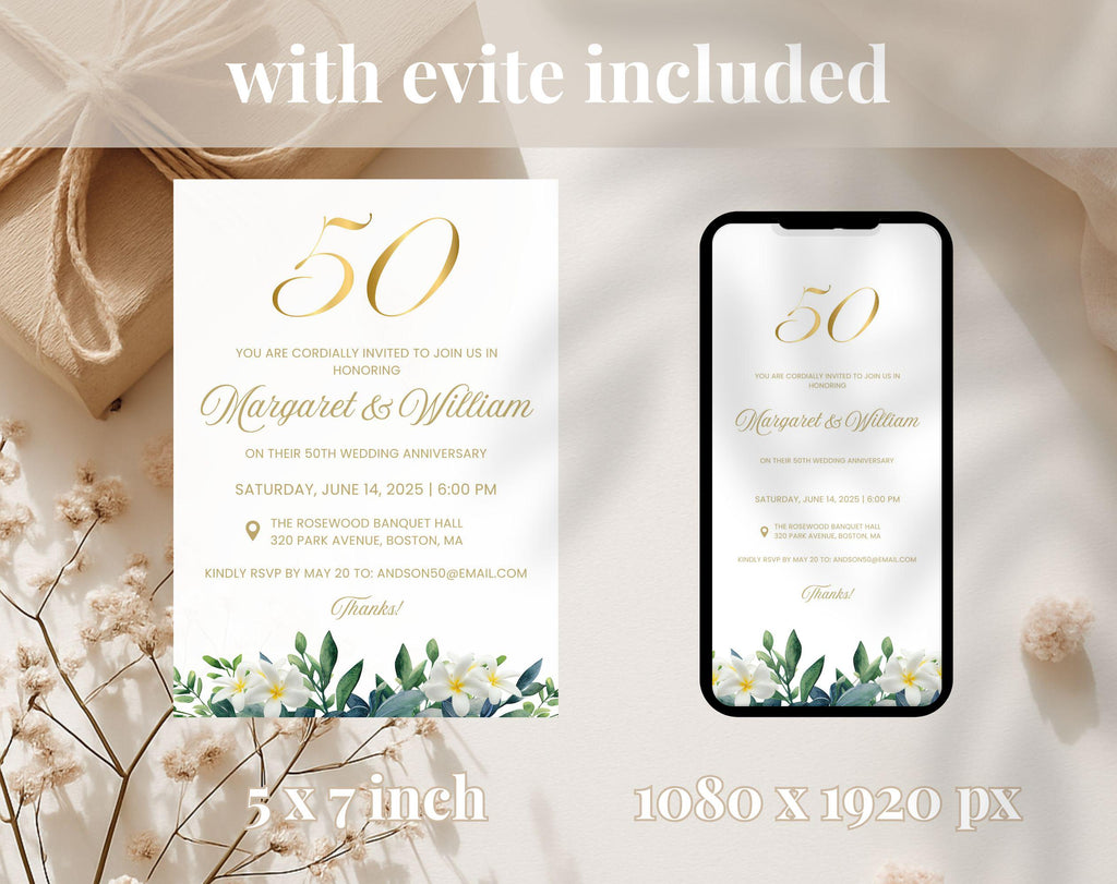 50th White Gold Wedding Anniversary Invitation