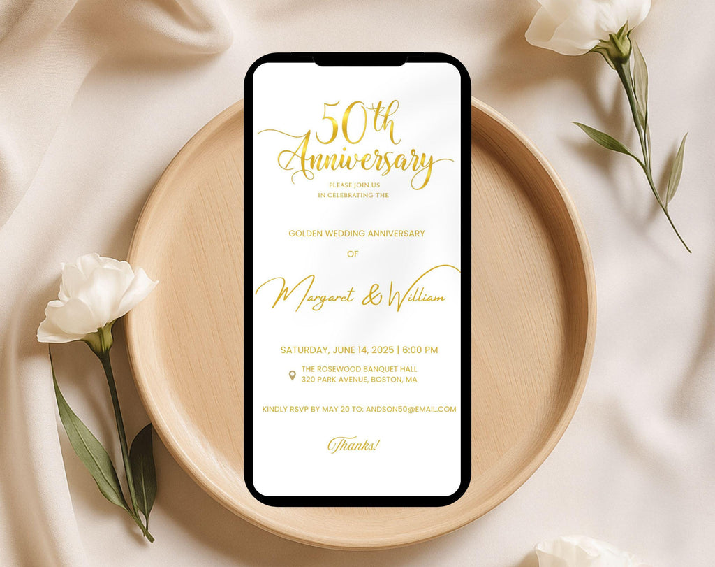 Golden 50th  Wedding Anniversary Invite White Gold