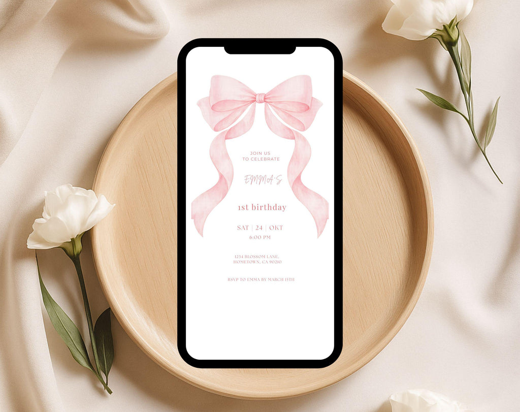 Pink Bow first birthday Invitation