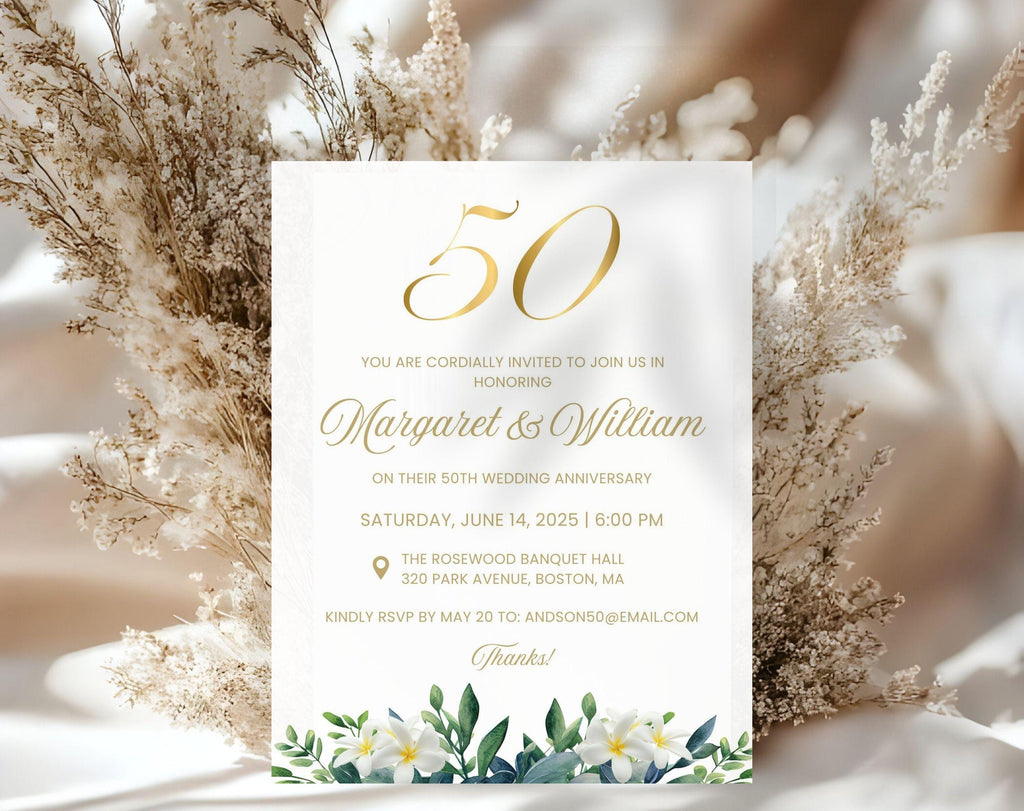 50th White Gold Wedding Anniversary Invitation