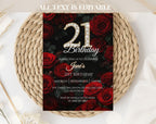 21st Birthday Invitation Red Roses, Elegant Black Gold Birthday Invite, Floral 21 Invite Template, Canva Editable Invitation
