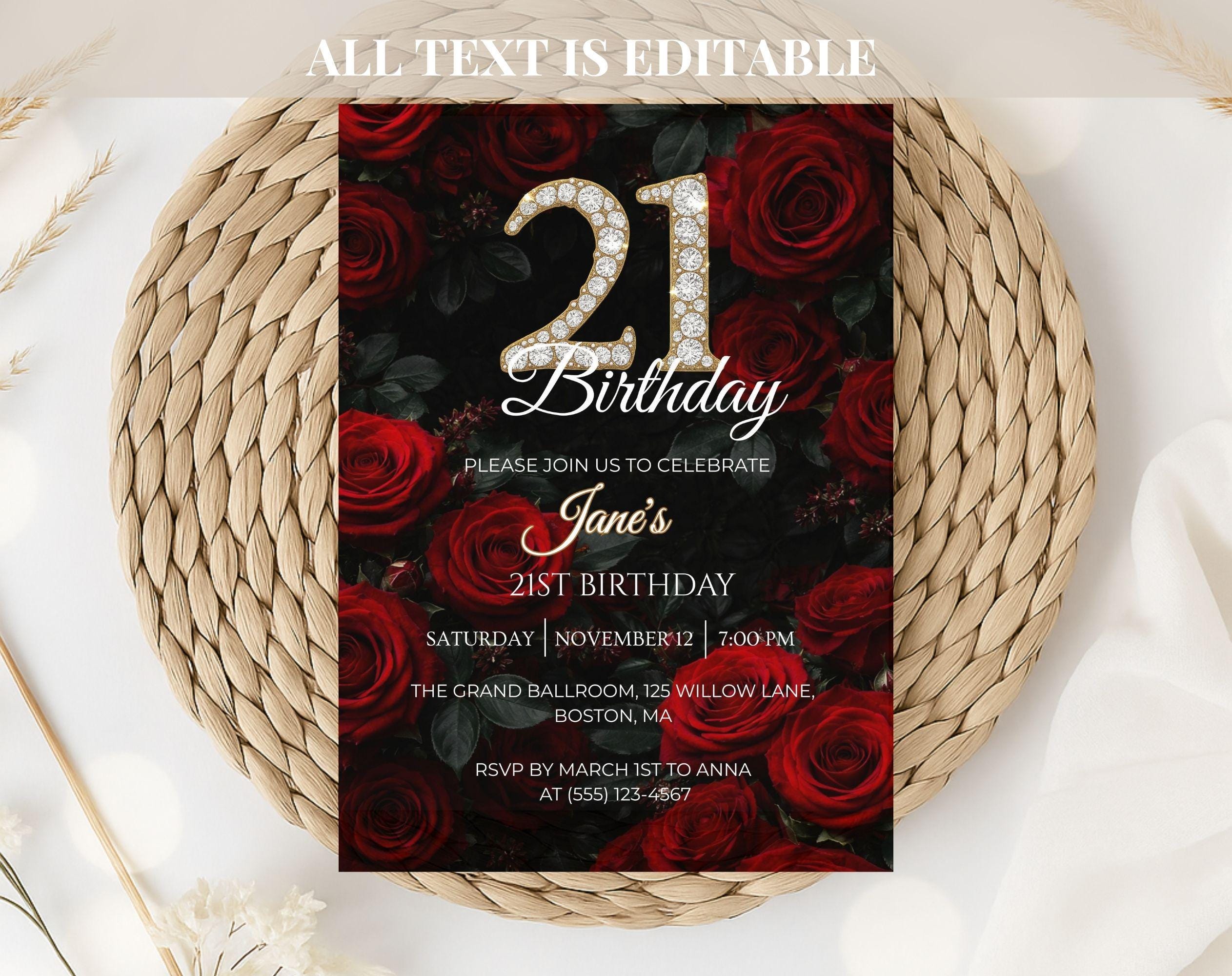 21st Birthday Invitation Red Roses, Elegant Black Gold Birthday Invite, Floral 21 Invite Template, Canva Editable Invitation